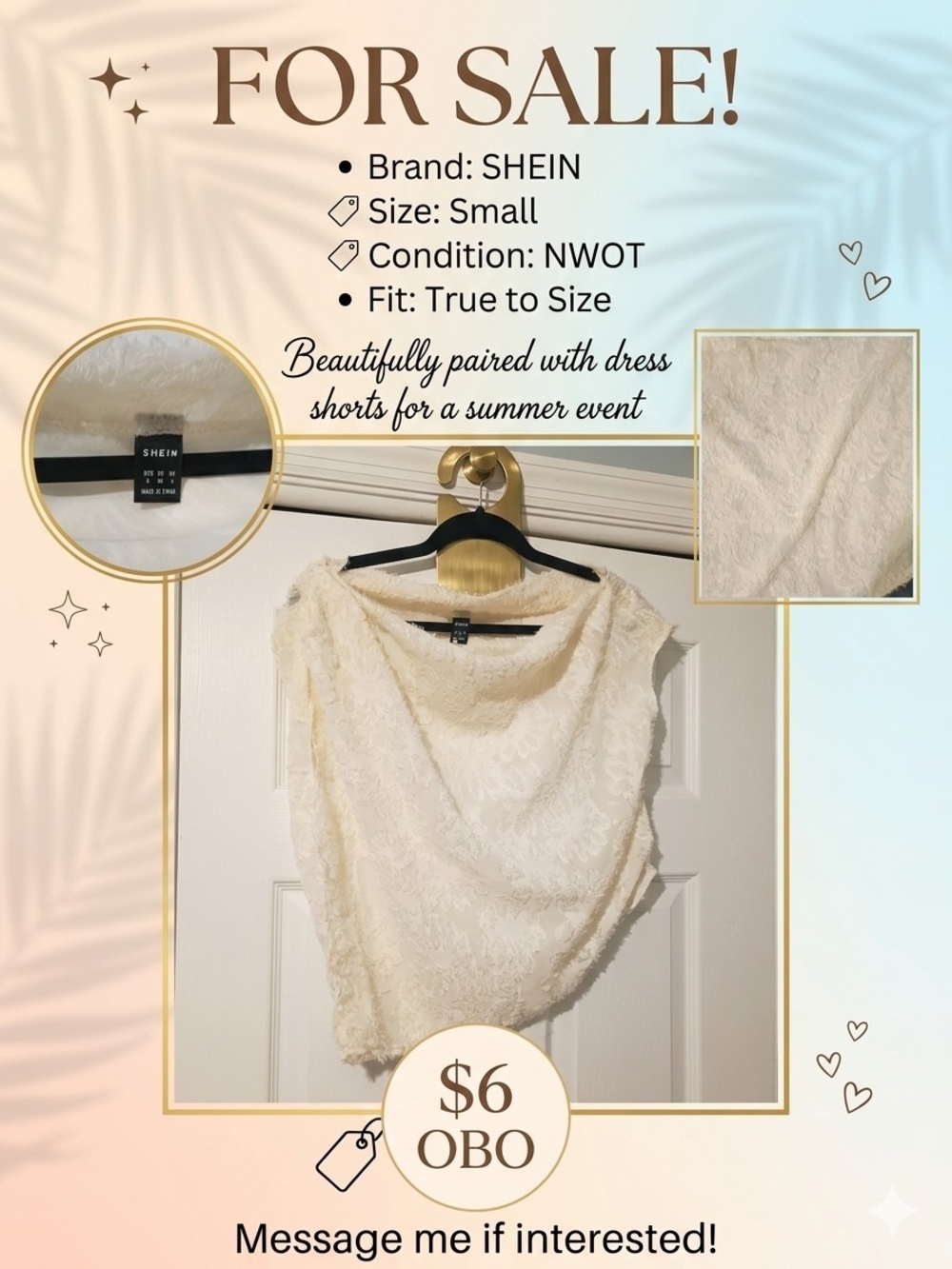SHEIN Cream Floral Lace Draped Top